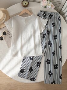 SHEIN Tween女孩編織素色荷葉袖T恤與碎花長褲休閒套裝 - 白色 - 查看 4