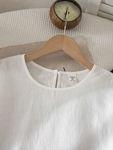 SHEIN Tween女孩編織素色荷葉袖T恤與碎花長褲休閒套裝 - 白色 - 查看 5