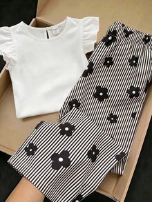 SHEIN Tween女孩編織素色荷葉袖T恤與碎花長褲休閒套裝 - 白色 - 查看 1