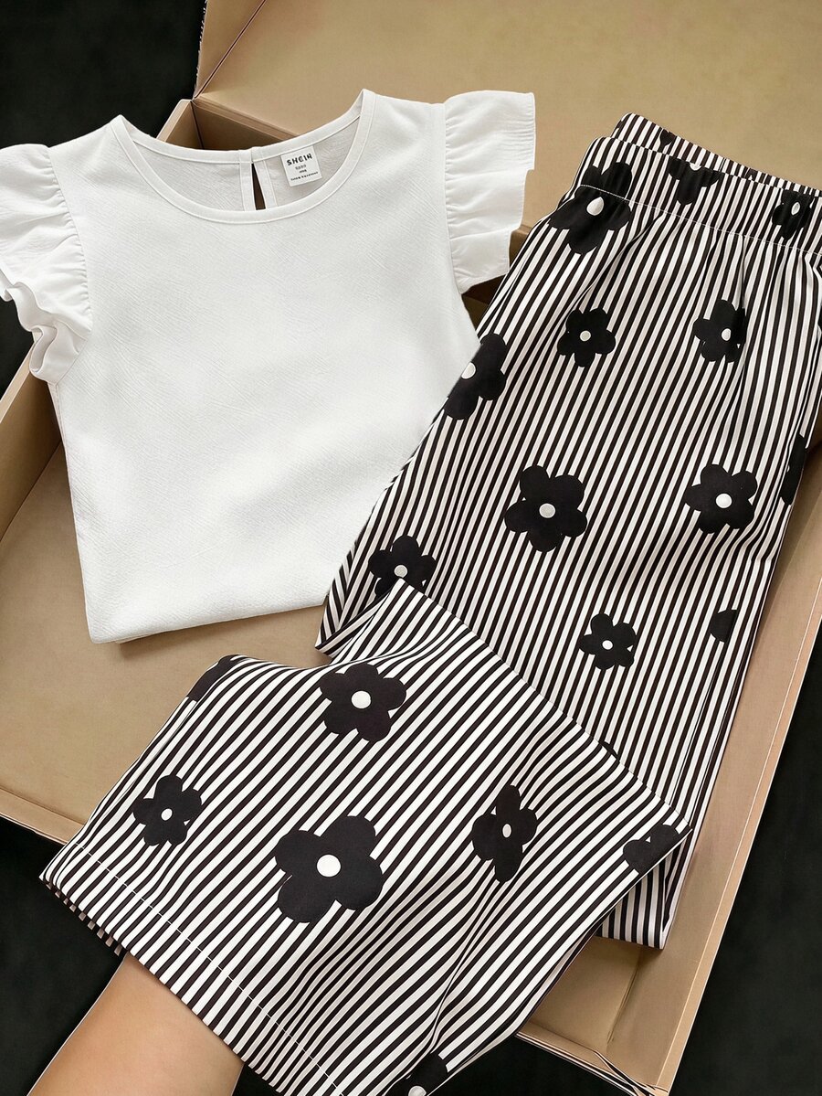 SHEIN Tween女孩編織素色荷葉袖T恤與碎花長褲休閒套裝 - 白色 - 查看 1