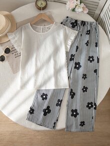 SHEIN Tween女孩編織素色荷葉袖T恤與碎花長褲休閒套裝 - 白色 - 查看 3