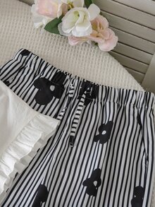 SHEIN Tween女孩編織素色荷葉袖T恤與碎花長褲休閒套裝 - 白色 - 查看 6