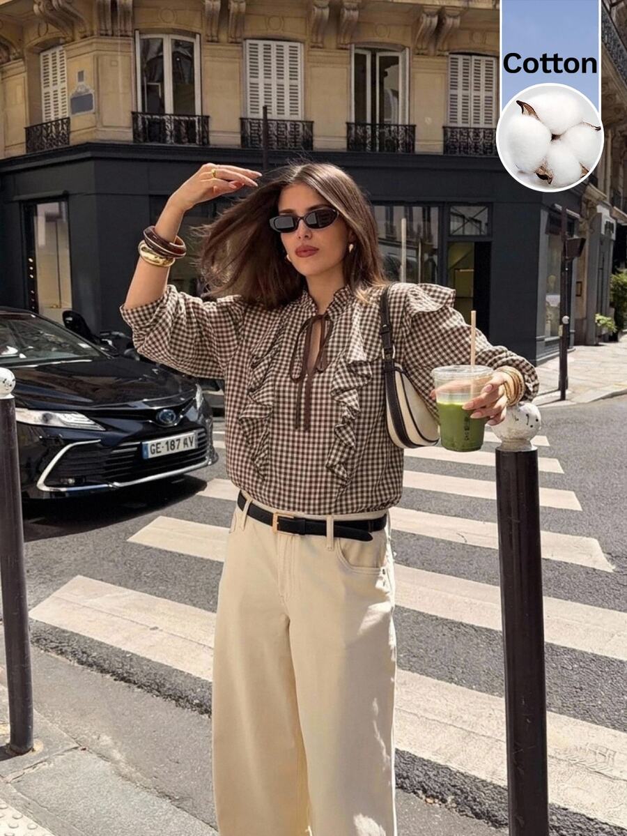 Serisse Women's Elegant Brown Plaid Ruffle Trim Tie Neck Blouse Long Sleeve Casual Fall Top,Casual Commute Cotton Plaid Pretty Long Sleeve Blouse