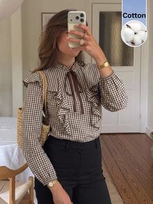 Serisse Women's Elegant Brown Plaid Ruffle Trim Tie Neck Blouse Long Sleeve Casual Fall Top,Casual Commute Cotton Plaid Pretty Long Sleeve Blouse - Brown - View 6