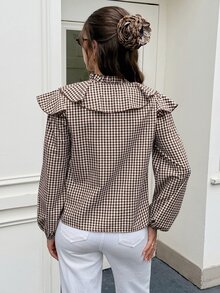 Serisse Women's Elegant Brown Plaid Ruffle Trim Tie Neck Blouse Long Sleeve Casual Fall Top,Casual Commute Cotton Plaid Pretty Long Sleeve Blouse - Brown - View 3