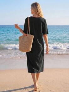 SHEIN LUNE Women's Pure Cotton V-Neck Short Sleeve Midi Dress Vacation Black Summer Casual Versatile Basics - Black - View 4