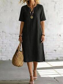 SHEIN LUNE Women's Pure Cotton V-Neck Short Sleeve Midi Dress Vacation Black Summer Casual Versatile Basics - Black - View 7