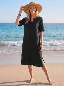 SHEIN LUNE Women's Pure Cotton V-Neck Short Sleeve Midi Dress Vacation Black Summer Casual Versatile Basics - Black - View 3