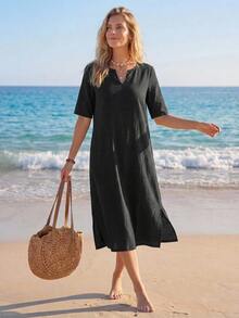 SHEIN LUNE Women's Pure Cotton V-Neck Short Sleeve Midi Dress Vacation Black Summer Casual Versatile Basics - Black - View 6