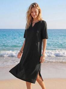 SHEIN LUNE Women's Pure Cotton V-Neck Short Sleeve Midi Dress Vacation Black Summer Casual Versatile Basics - Black - View 5