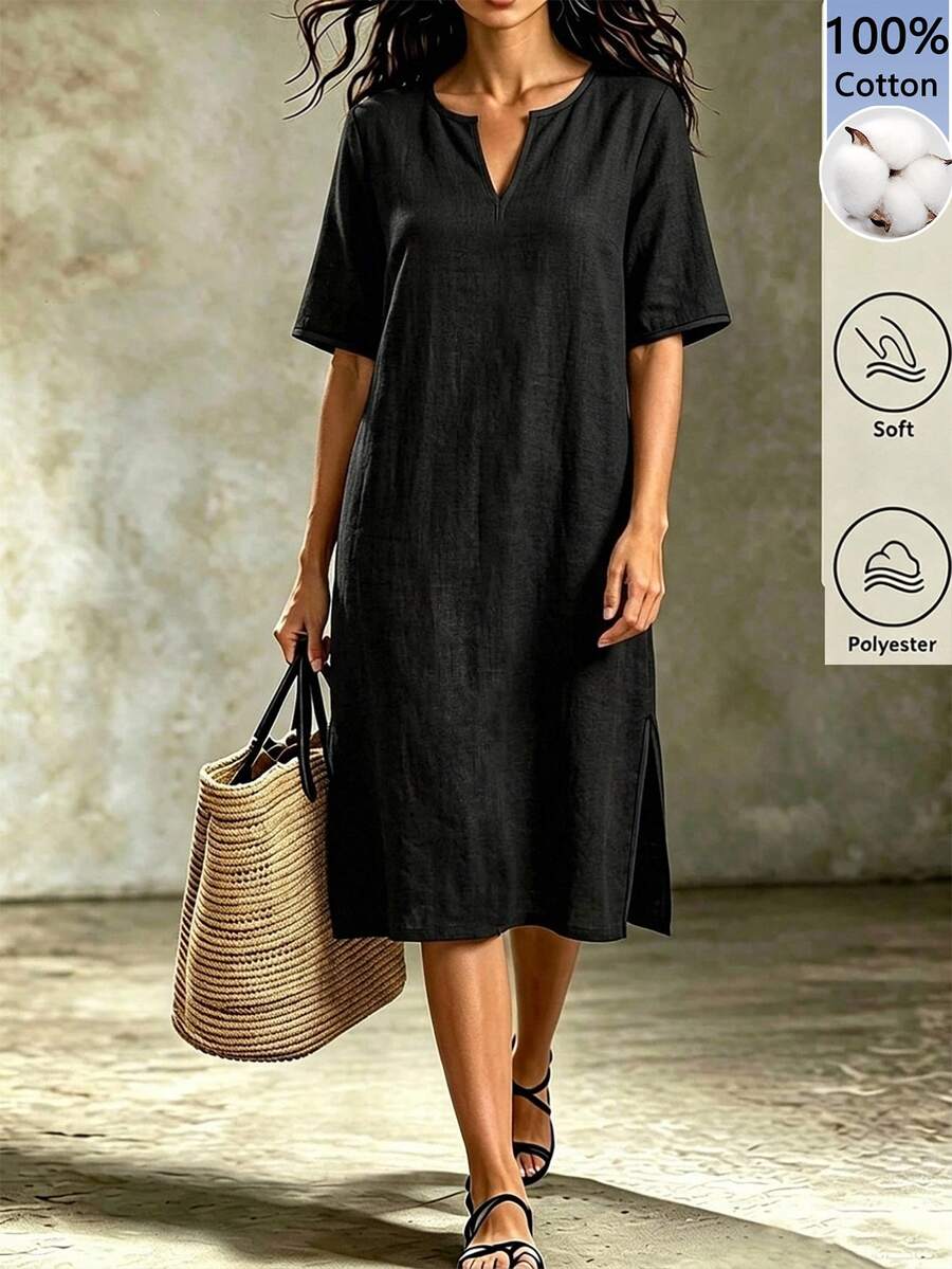 SHEIN LUNE Women's Pure Cotton V-Neck Short Sleeve Midi Dress Vacation Black Summer Casual Versatile Basics - Black - View 1