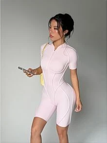 Dewbera Dewbera 接縫瑜伽連身衣 / 拼接設計 / 時尚性感運動休閒風 / 舒適健身運動 / 健身房 腮紅粉 夏季 - 粉色 - 查看 7