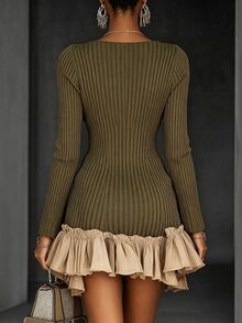 LUMIGAL Gaun Rajut Elegan Lengan Panjang Leher V dengan Hiasan Ruffle di Bagian Bawah, Motif Blok Warna untuk Wanita - Hijau Tentara - View 3