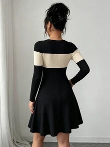 Elenzga 黑色杏色圓領長袖羅紋針織收腰顯身材喇叭裙性感短洋裝女款 - 彩色 - 查看 6