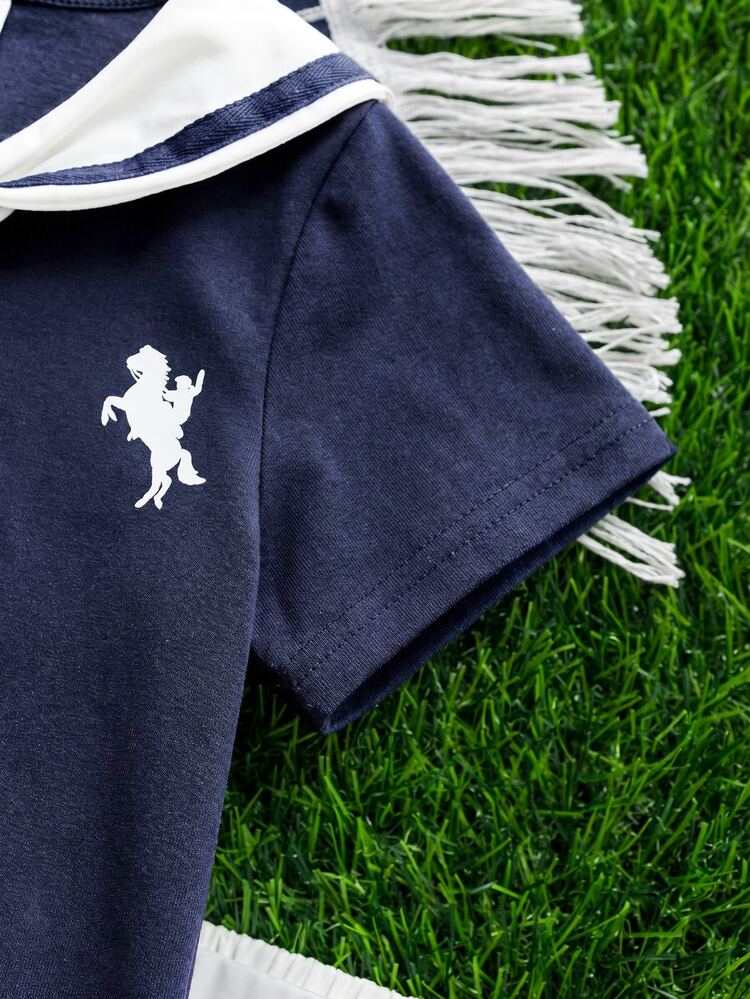 SHEIN 3pcs/Set Unisex Baby Boy/Girl Sailor Style Gentleman Outfit,Navy Blue Short Sleeve T-Shirt Knit Top&Shorts,Summer Back-To-School Carrer Day Wedding - Navy Blue - View 6
