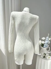 Elamini Button Front Pointelle Knit Sweater Romper Date White Autumn Cute - White - View 2