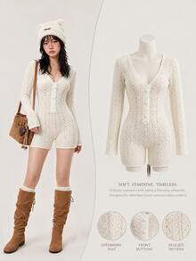 Elamini Button Front Pointelle Knit Sweater Romper Date White Autumn Cute - White - View 1