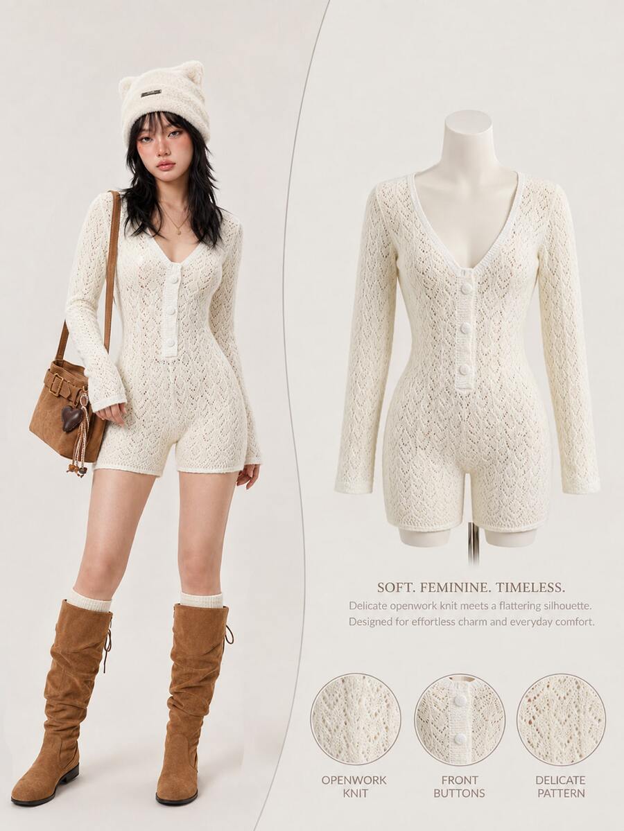 Elamini Button Front Pointelle Knit Sweater Romper Date White Autumn Cute - White - View 1