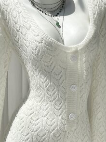 Elamini Button Front Pointelle Knit Sweater Romper Date White Autumn Cute - White - View 6