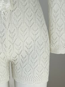 Elamini Button Front Pointelle Knit Sweater Romper Date White Autumn Cute - White - View 7