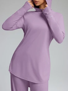 Innovista Innovista 女款 UPF 防曬套裝 2 件組 寬鬆長袖連帽上衣＋寬腿長褲 吸濕排汗 拇指孔設計 高低下擺 適合瑜珈健身 丁香紫 冬季 - 淡紫色 - 查看 10