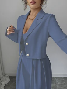 Elenzga 女款灰藍色兩件套，細肩帶露背寬腿連身褲與缺口領長袖外套，秋冬優雅用餐通勤穿搭 - 中等水洗藍 - 查看 4