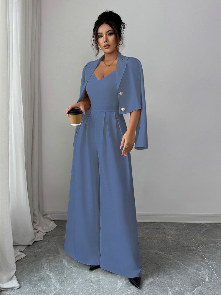 Elenzga Women Dusty Blue 2-Piece Set,Spaghetti Strap Backless Wide Leg Jumpsuit&Notched Collar Long Sleeve Jacket,Fall Winter Elegant Dining Commuter Outfit - Medium Wash - View 5