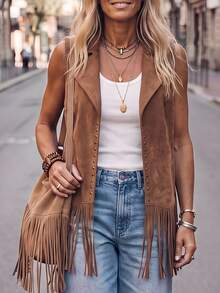 LanaWest Women's Solid Color Tassel Design Casual Vintage Boho Versatile Daily Long Sleeve Jacket Rave Desert Shades Of Brown Autumn - Brown - View 7