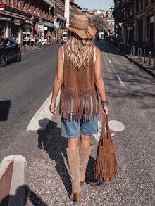 LanaWest Women's Solid Color Tassel Design Casual Vintage Boho Versatile Daily Long Sleeve Jacket Rave Desert Shades Of Brown Autumn - Brown - View 2