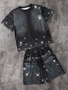青少年男孩休閒極簡風T恤套裝，經典酷感星星與亮面珍珠圖案印花，適合街頭穿搭，Y2k風 - 黑色 - 查看 2