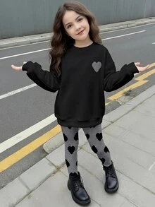 SHEIN 两件套女童休闲圆领长袖卫衣和打底裤，经典像素爱心印花，适合秋冬季穿着 - 彩色 - 查看 2