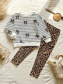 1 Set Baju Sweatshirt Leher Bulat Bergaris Motif Pita dan Celana Panjang Skinny Motif Leopard untuk Anak Perempuan, Pakaian untuk Jalan-jalan Musim Gugur - MultiWarna - View 5