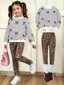 1 Set Baju Sweatshirt Leher Bulat Bergaris Motif Pita dan Celana Panjang Skinny Motif Leopard untuk Anak Perempuan, Pakaian untuk Jalan-jalan Musim Gugur - MultiWarna - View 1