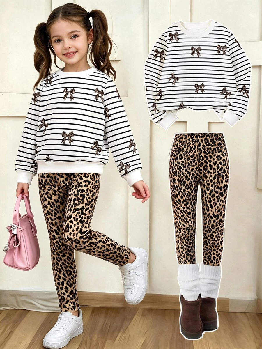 1 Set Baju Sweatshirt Leher Bulat Bergaris Motif Pita dan Celana Panjang Skinny Motif Leopard untuk Anak Perempuan, Pakaian untuk Jalan-jalan Musim Gugur - MultiWarna - View 1