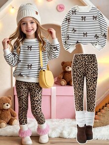 1 Set Baju Sweatshirt Leher Bulat Bergaris Motif Pita dan Celana Panjang Skinny Motif Leopard untuk Anak Perempuan, Pakaian untuk Jalan-jalan Musim Gugur - MultiWarna - View 6