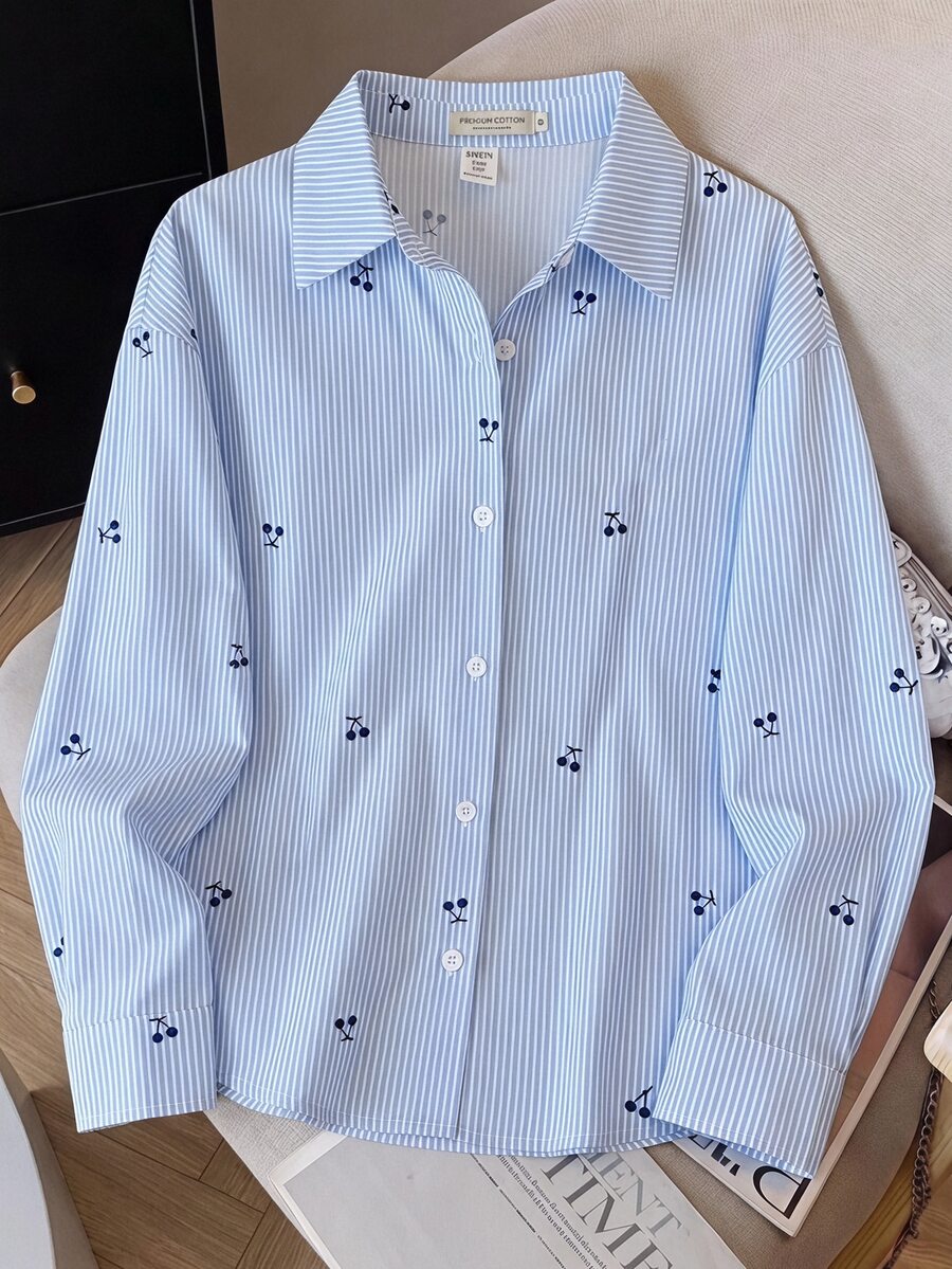 Tween Girl Tween Girl Cherry Striped Drop Shoulder Long Sleeve Single-Breasted Casual Shirt - Blue and White - View 1