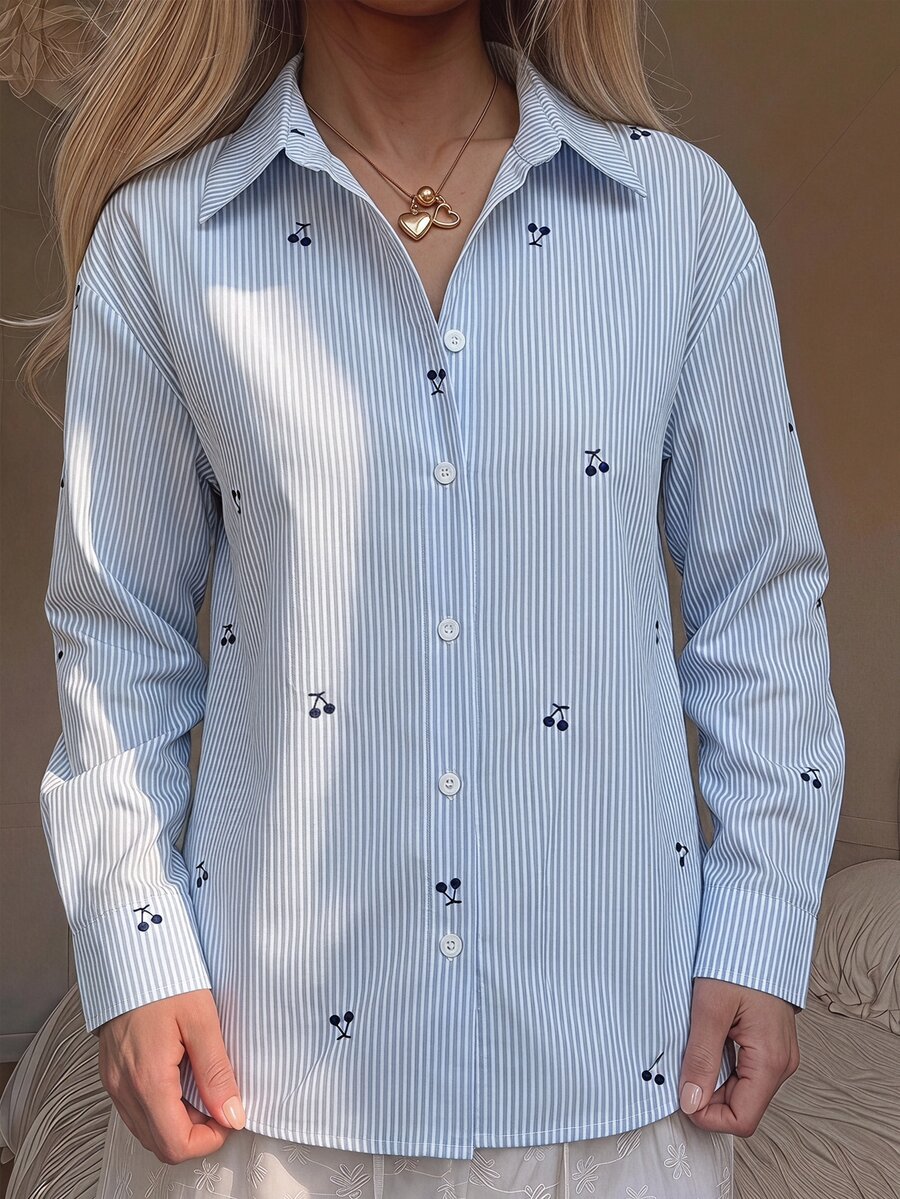Áo sơ mi casual tay dài vai trễ cài nút đơn họa tiết sọc anh đào cho bé gái tween - Xanh và trắng - Xem 1