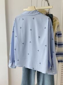 Áo sơ mi casual tay dài vai trễ cài nút đơn họa tiết sọc anh đào cho bé gái tween - Xanh và trắng - Xem 4