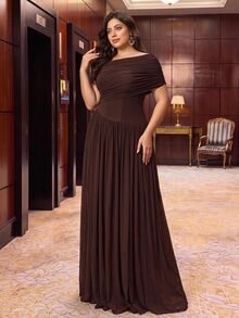 Aureia Plus Size Elegant Classy Brown Asymmetrical Overlap Mesh Soft Flowy Pleated Waist Slim Fit A-Line Skirt Dress For Women Wedding Guest Formal Party - Coffee - View 6