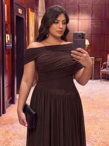 Aureia Plus Size Elegant Classy Brown Asymmetrical Overlap Mesh Soft Flowy Pleated Waist Slim Fit A-Line Skirt Dress For Women Wedding Guest Formal Party - Coffee - View 3