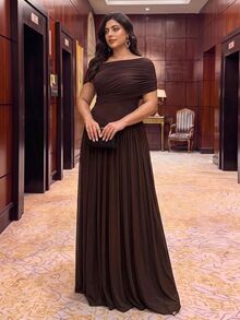 Aureia Plus Size Elegant Classy Brown Asymmetrical Overlap Mesh Soft Flowy Pleated Waist Slim Fit A-Line Skirt Dress For Women Wedding Guest Formal Party - Coffee - View 5