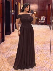Aureia Plus Size Elegant Classy Brown Asymmetrical Overlap Mesh Soft Flowy Pleated Waist Slim Fit A-Line Skirt Dress For Women Wedding Guest Formal Party - Coffee - View 2