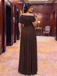 Aureia Plus Size Elegant Classy Brown Asymmetrical Overlap Mesh Soft Flowy Pleated Waist Slim Fit A-Line Skirt Dress For Women Wedding Guest Formal Party - Coffee - View 4