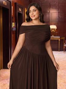 Aureia Plus Size Elegant Classy Brown Asymmetrical Overlap Mesh Soft Flowy Pleated Waist Slim Fit A-Line Skirt Dress For Women Wedding Guest Formal Party - Coffee - View 7