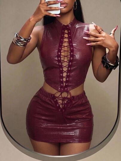 Slaydiva Women Burgundy Faux Leather 2 Piece Set Lace‑Up Cutout Crop Top Bodycon Mini Skirt Club Party Holiday Going‑Out Clubwear For Halloween Birthday Club