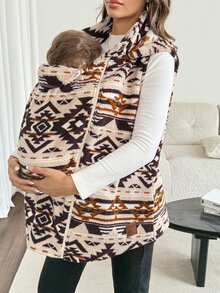 SHEIN Maternity Geometric Print Sleeveless Hooded 3-In-1 Jacket Beige Autumn,3-In-1 Maternity Jacket For Autumn/Winter, Suitable For Wear Throughout Various - Multicolor - View 4
