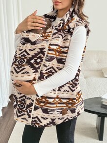 SHEIN Maternity Geometric Print Sleeveless Hooded 3-In-1 Jacket Beige Autumn,3-In-1 Maternity Jacket For Autumn/Winter, Suitable For Wear Throughout Various - Multicolor - View 8