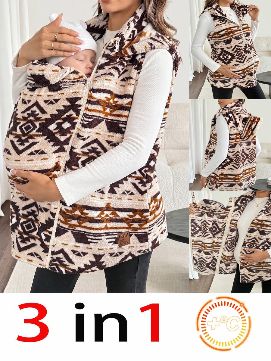 SHEIN Maternity Geometric Print Sleeveless Hooded 3-In-1 Jacket Beige Autumn,3-In-1 Maternity Jacket For Autumn/Winter, Suitable For Wear Throughout Various - Multicolor - View 1