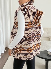 SHEIN Maternity Geometric Print Sleeveless Hooded 3-In-1 Jacket Beige Autumn,3-In-1 Maternity Jacket For Autumn/Winter, Suitable For Wear Throughout Various - Multicolor - View 3
