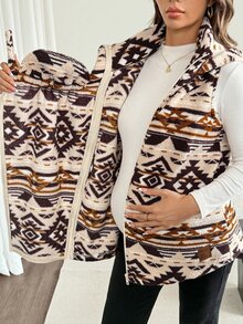 SHEIN Maternity Geometric Print Sleeveless Hooded 3-In-1 Jacket Beige Autumn,3-In-1 Maternity Jacket For Autumn/Winter, Suitable For Wear Throughout Various - Multicolor - View 5